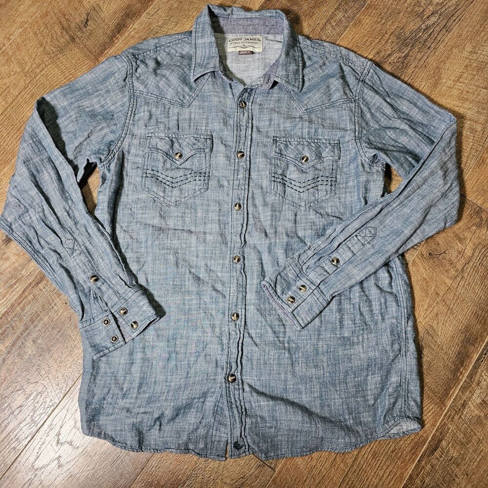 Cody James Western Shirt Mens M Blue Chambray Pearl Snap Long Sleeve Cowboy